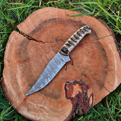 Damascus Hunting Knife with sheath-10.5" Best Camping,Hiking,Tactical,Survival knife for men-EDC Bushcraft Sharp Knife with sheep horn Handle