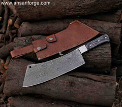Bone Buster Damascus Meat Cleaver Knife with Rain Drop Damascus steel blade, Pakkawood handle, and leather sheath