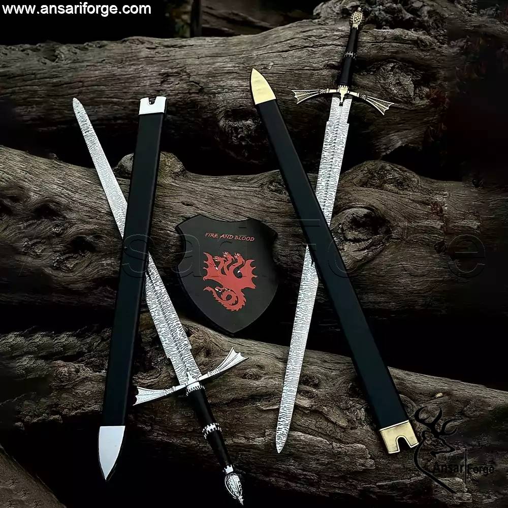 Close-up of the hand-forged 12C27R steel blade of the Dark Sister sword replica with 5.0mm spine thickness.