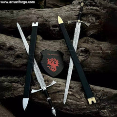 Close-up of the hand-forged 12C27R steel blade of the Dark Sister sword replica with 5.0mm spine thickness.