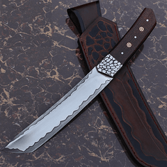 D2 tool steel handmade Tanto blade hunter with tooled leather sheath San Mai type