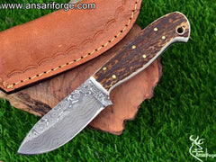 7 Inch Damascus Steel Hunting Knife Stag Antler Handle