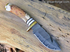 Damascus Steel Gut Hook Knife For Skinning Hunting 9 inch Fixed Blade Stag Handle Leather Sheath