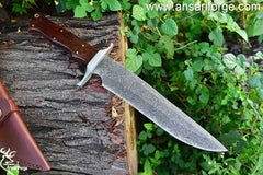 Handmade Damascus steel rain drop Bowie knife with leather sheath