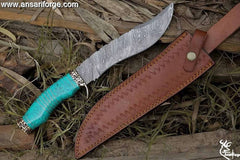 Custom Handmade Damascus Bowie Knife - Turquoise stone handle, brass accents & leather sheath.