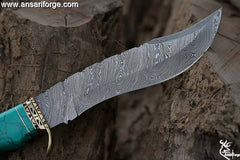 Custom Handmade Damascus Bowie Knife - Turquoise stone handle, brass accents & leather sheath.
