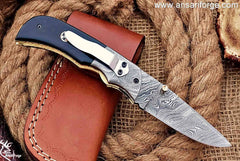 Damascus Folding Pocket Knife with Clip Handmade Folding Knife for EDC Camping, Lined with Lock Device Structure, Buffalo Horn Handle Outdoor Survival Use Camping Fishing and Hunting Knife