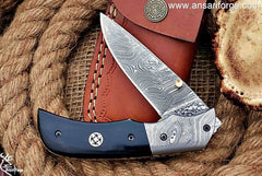 Damascus Folding Pocket Knife with Clip Handmade Folding Knife for EDC Camping, Lined with Lock Device Structure, Buffalo Horn Handle Outdoor Survival Use Camping Fishing and Hunting Knife