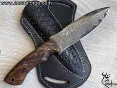 Handmade Damascus Hunting Knife | Bushcraft Knife with Sheath | 9'’ EDC Survival Knife for Men | Fixed Blade | Walnut Wood Handle