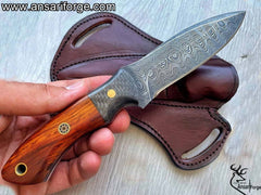 Handmade Damascus Hunting Knife | Bushcraft Knife with Sheath | 9'’ EDC Survival Knife for Men | Fixed Blade | Rosewood Handle