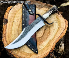 Hand Forged Flint Knapped Bowie Knife - Stag Antler Handle Clip Point 5160 Blade