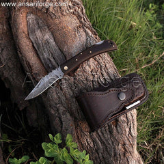 Custom Damascus Pocket Knife with Hand-forged Blade and Leather Sheath