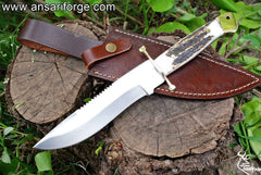 Handmade D2 steel Bowie Knife - Stag Handle Hunting Knife With Leather sheath
