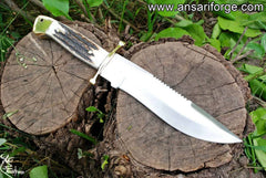 Handmade D2 steel Bowie Knife - Stag Handle Hunting Knife With Leather sheath