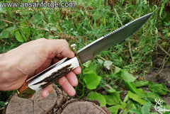 Handmade D2 steel Bowie Knife - Stag Handle Hunting Knife With Leather sheath