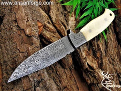 Handmade forged Damascus steel bone handle hunting knife