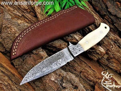 Handmade forged Damascus steel bone handle hunting knife