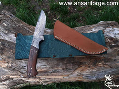 Damascus hunting knife with leather sheath | Ansari Forge