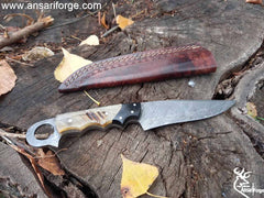 Damascus steel fixed blade hunting knife horn handle and leather sheath