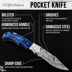 Real Damascus steel folding knife with pakka wood blue handle.