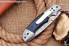 Handmade Damascus Steel Pocket Knife - Damascus Folding Knife - Pocket Knife for Men, EDC gift Knife & Damascus Blade Hunting Skinning Knife with Liner Lock & Bull Horn Handle with Leather Knife Sheath