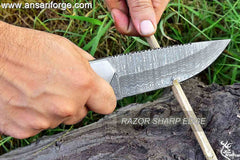 Handmade Damascus Knife with Ladder Pattern Blade and Genuine Leather Sheath.