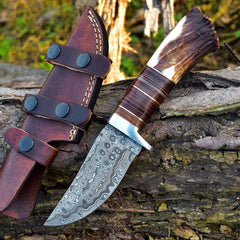 Custom handmade Damascus steel hunting knife stag handle