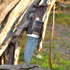 Custom handmade Damascus steel hunting knife stag handle