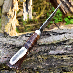 Custom handmade Damascus steel hunting knife stag handle