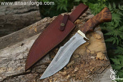 Damascus steel customized hunting knife with sheath Damascus steel 1095 & 15n20 hand forged twisted hidden tang blade with 58 - 60 HRC hardness . Rosewood handle and brass hilt . Always comes with genuine cowhide leather sheath .