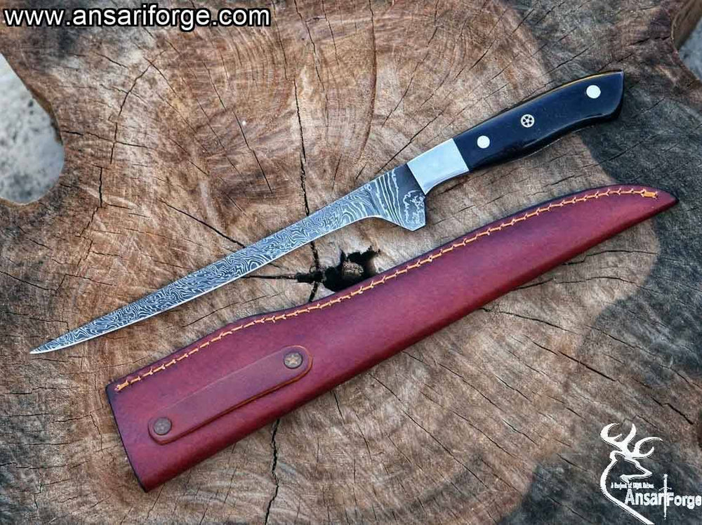 13 Inch Buffalo Horn Handle Full Tang Outdoor Damascus Fish Fillet Knife With Leather Sheath.