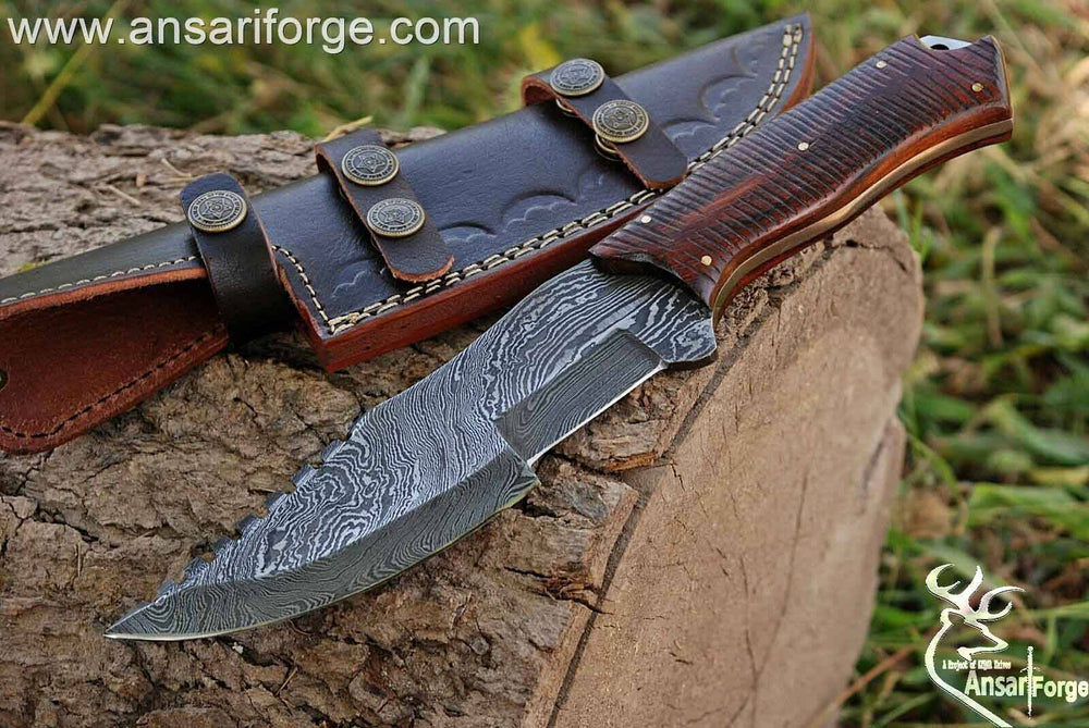 Damascus steel tracker hunting knife.Damascus steel 1095 & 15n20 hand forged twisted blade with 58 - 60 HRC hardness , Rosewood handle and comes with genuine cowhide leather sheath