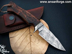Damascus steel Handmade Wood Carving Handle Engraved Hilt Hunting Knife - Gift For Men