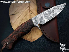 Damascus steel Handmade Wood Carving Handle Engraved Hilt Hunting Knife - Gift For Men