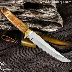 Custom handmade tool steel tanto hunter knife 420J2 forged tool steel full tang mirror polished tanto blade with 54 HRC hardness . 99.9% pure brass hilt and walnut wood handle . Always comes with genuine cowhide leather sheath