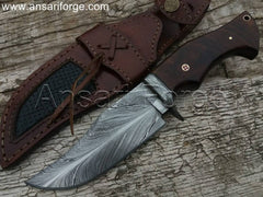 Custom Hand Made Forged Damascus Steel Hunting Knife With Feather Blade