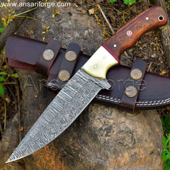 Hand-forged Damascus Skinning Knife with Rosewood Handle and Camel Bone Bolsters