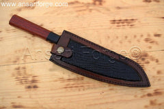 Hand Forged Chef's Knife with Red Wood Handle and Leather Sheath