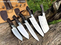 Professional chef knife set with roll bag "Hōchō setto" by Ansari Forge.