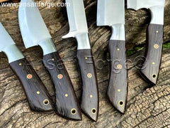 Wenge Wood Handles on Chef Knife – Detailed view of the Wenge (Ebony wood) handle of the chef knife, showing its ergonomic design and full tang construction.