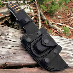 Damascus Tracker Knife with Horizontal Carry Cow Leather Sheath.