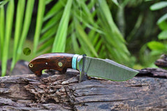 Damascus knife for deer hunting 10 inch fix blade knives walnut handle , leather sheath