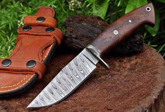 Handmade Damascus Hunting Knife with Scout Horizontal Carry Leather Sheath - EDC Bushcraft Full Tang Fixed Blade for Camping, Hiking, Skinning