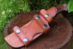 Handmade Damascus Hunting Knife with Scout Horizontal Carry Leather Sheath - EDC Bushcraft Full Tang Fixed Blade for Camping, Hiking, Skinning
