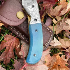 Folding Gut Hook Knife Damascus Steel Blade Bone Handle