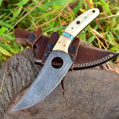 Damascus Hunting Knife , Hand forged Finger Hole Fixed Blade Knife With Bone Handle And Leather Sheath