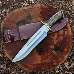 Custom made Bowie knife with a genuine stag handle, perfect for collectors and enthusiasts