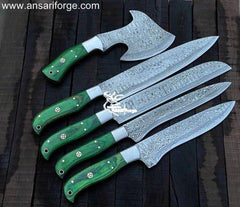 Damascus Kitchen Knife Set with 5 Hand-forged Blades & Leather Roll Bag