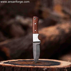 Hephaestus Damascus Steel Hunting Knife with Twist Pattern Blade, Rosewood Handle, and Leather Sheath