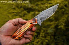 Damascus Hunting Knife - Handmade with Camel Bone Handle and Leather Sheath